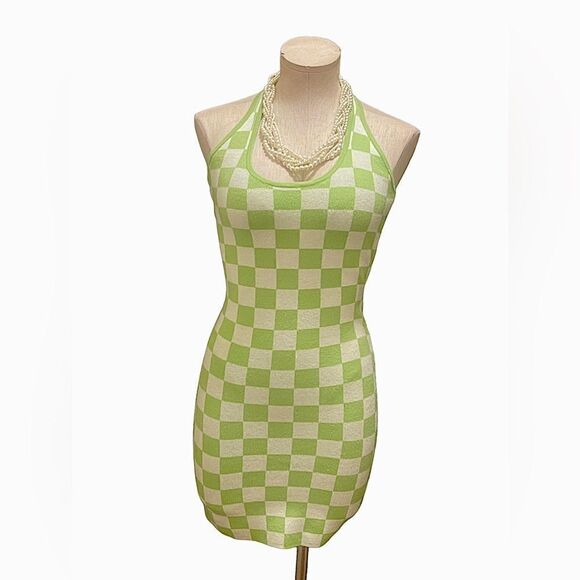 NWT Lime Green Halter Checkered Mini Dress by Just Polly - Picture 1 of 4